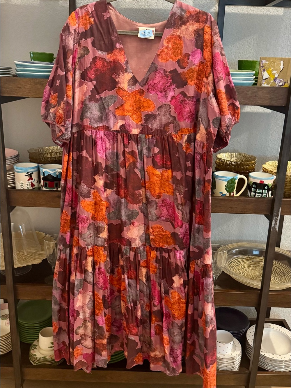 Anthropologie Floral Tiered Midi Dress in Pink, Orange & Brown